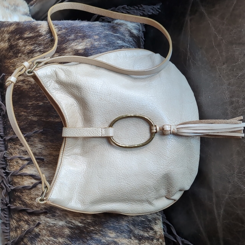 Lucky Brand Cream Colored  Leather With Brass Ring/Tassel Crossbody Bag